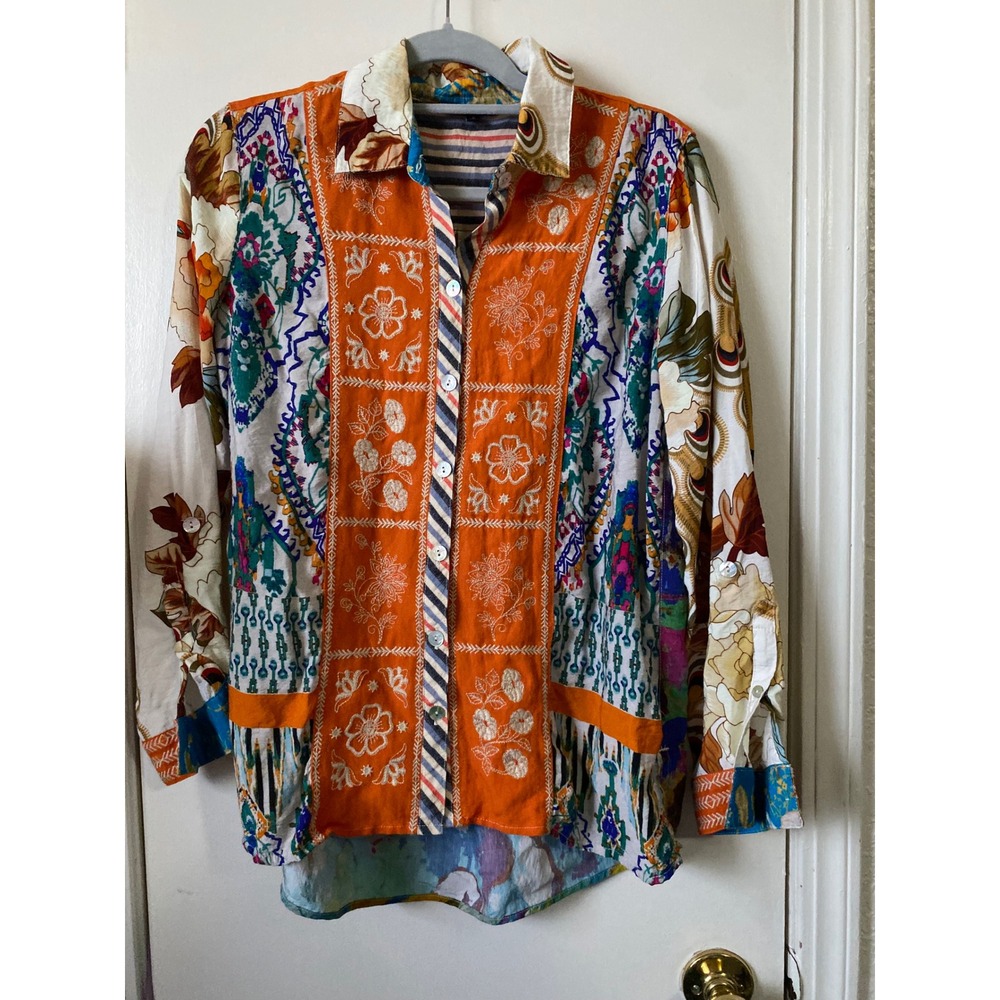 John‎ Mark Mixed Media Embroidered Abstract Patchwork Button Down Shirt Orange S